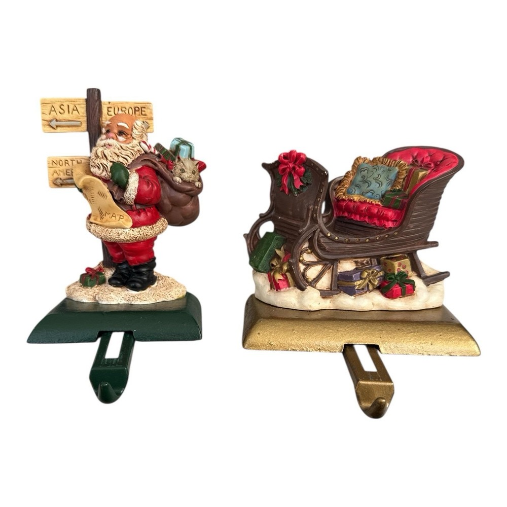 2 Vintage Hand painted Stocking Hanger with Adjustable Hook Santa Sleigh Taiwan